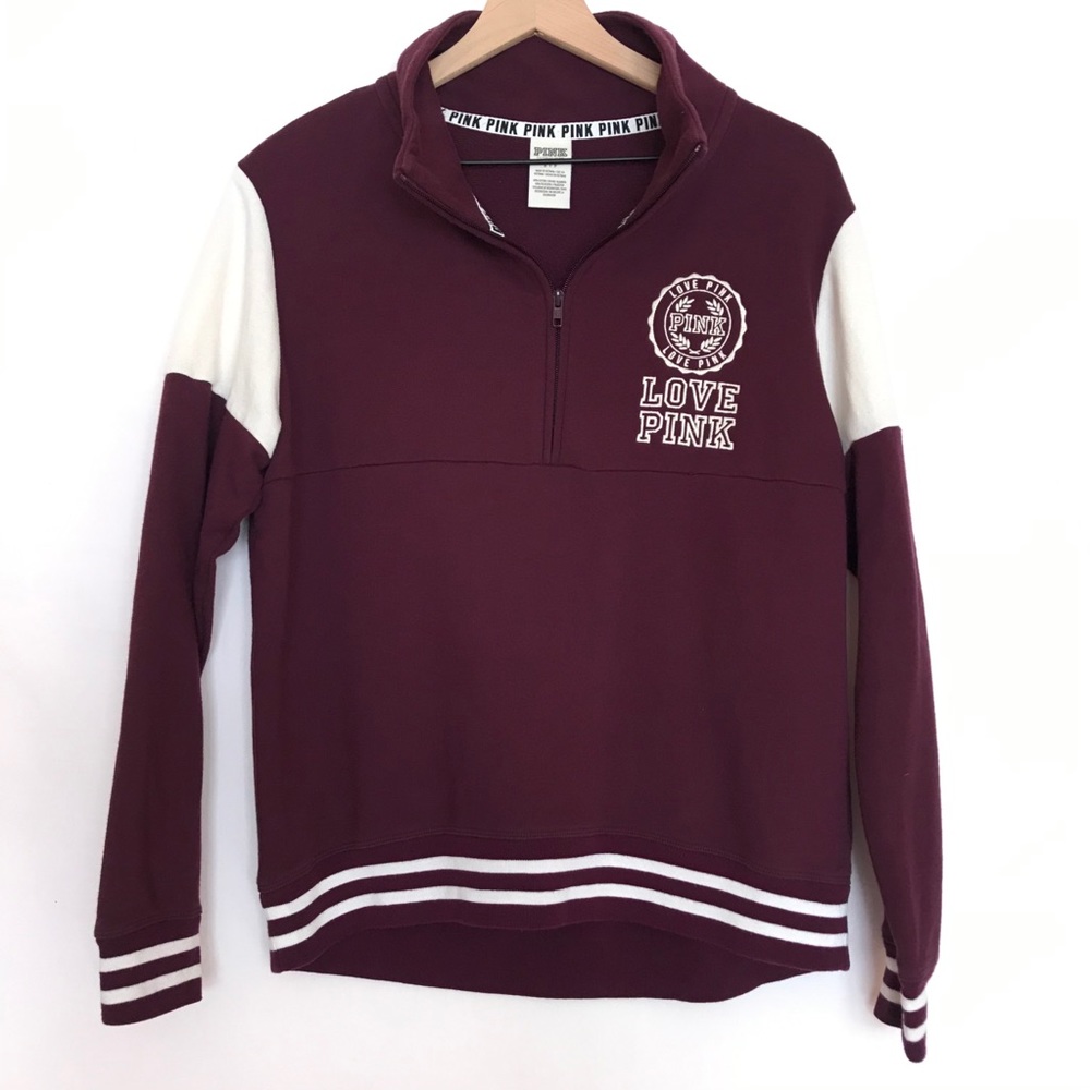 VS PINK Quarter Zip Maroon Stipe Campus Pullover